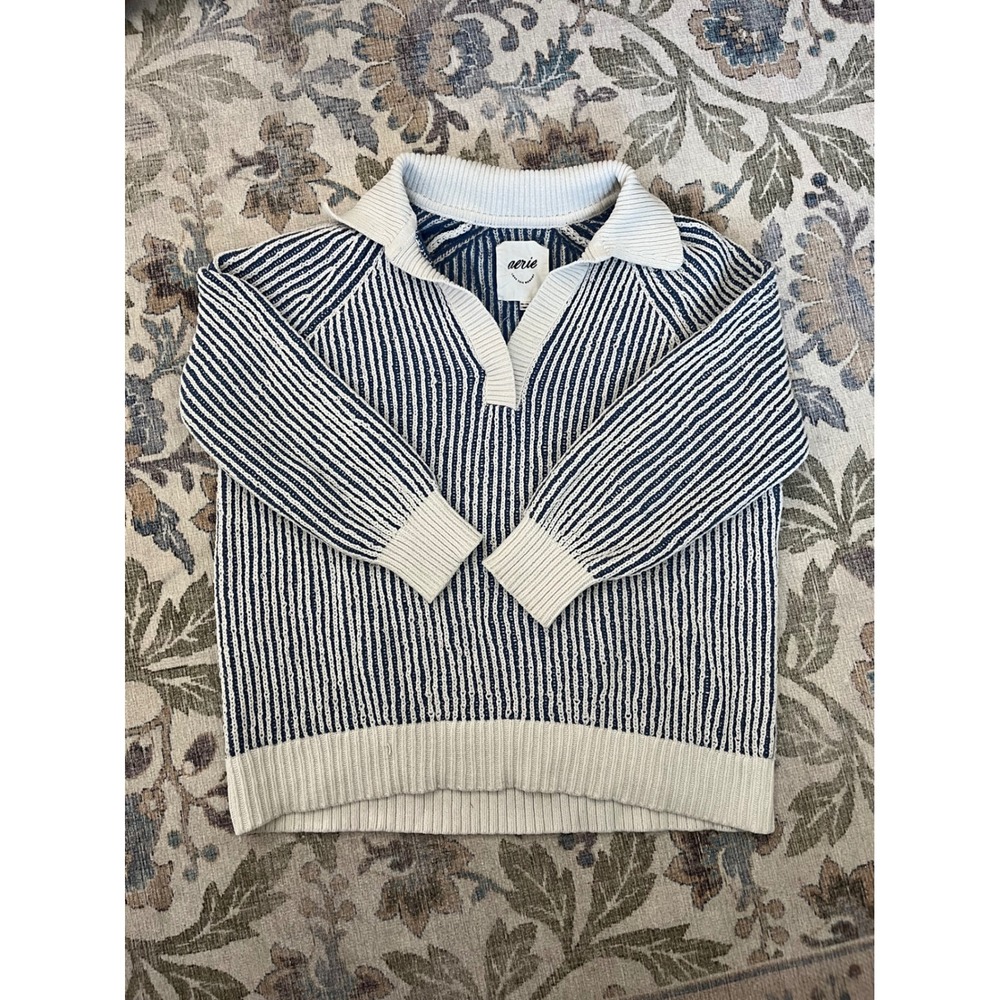 Aerie Polo Sweater Womens XS Blue Cream Striped Ribbed Knit V-Neck Good